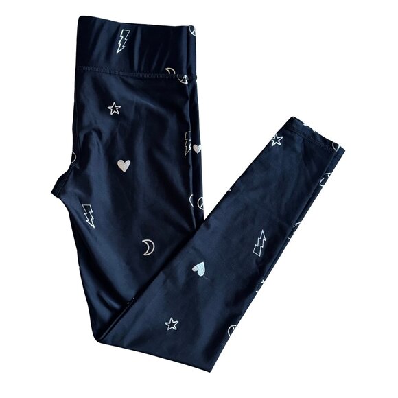 Terez Pants - TEREZ  Silver Doodle Foil Black Leggings Star Hearts Peace Moon Size Small NEW